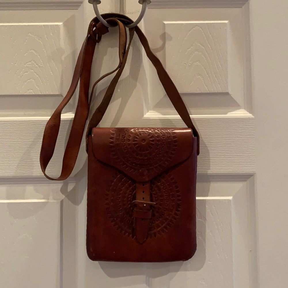 Handmade leather crossbody bag w/ medallion print
